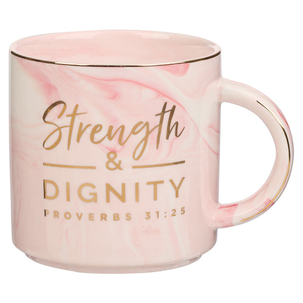 Strength and Dignity Pink Marbled Ceramic Coffee Mug - Proverbs 31:25