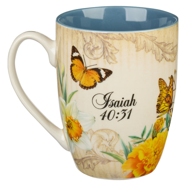 Hope in the LORD Mediterranean Blue Floral Ceramic Mug - Isaiah 40:31