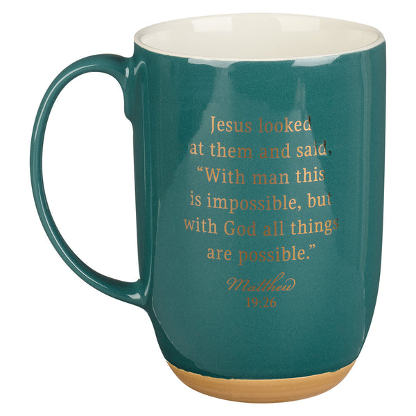 All Things are Possible Green Ceramic Coffee Mug with Exposed Clay Base - Matthew 19:26