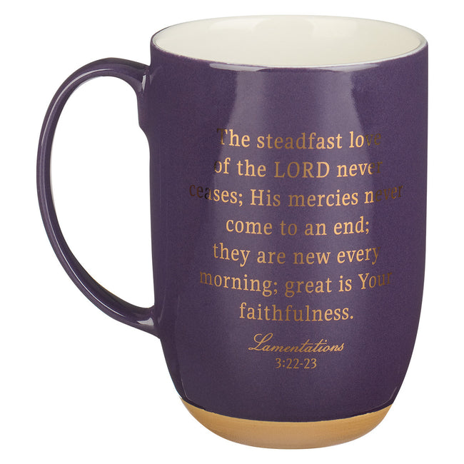His Mercies are New Purple Ceramic Coffee Mug with Exposed Clay Base - Lamentations 3:22-23