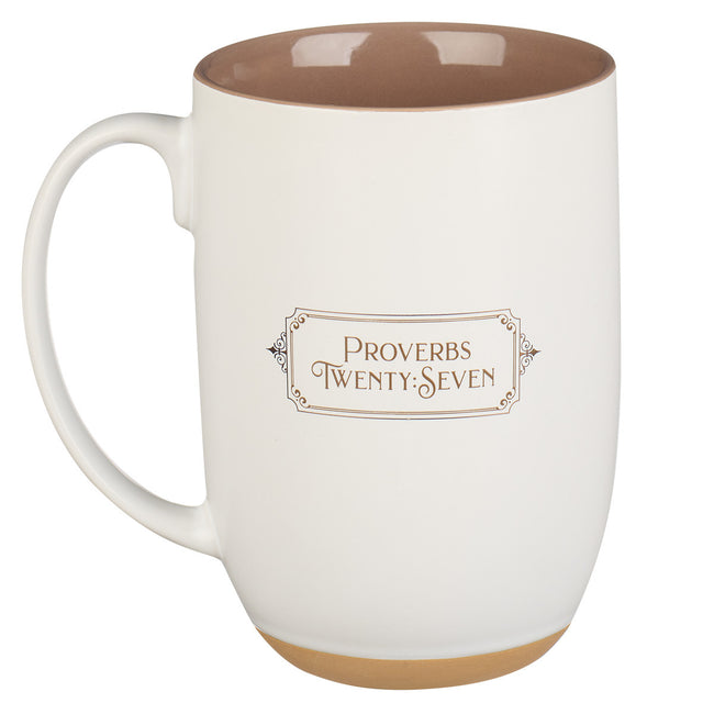 Righteous Man White and Gold Ceramic Coffee Mug with Exposed Clay Base - Proverbs 20:7
