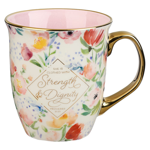 Strength and Dignity Pastel Floral Ceramic Coffee Mug - Proverbs 31:25