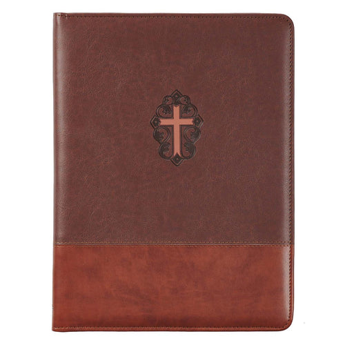 Two-Tone Brown Faux Leather Portfolio Folder With Cross - John 3:16 Collection