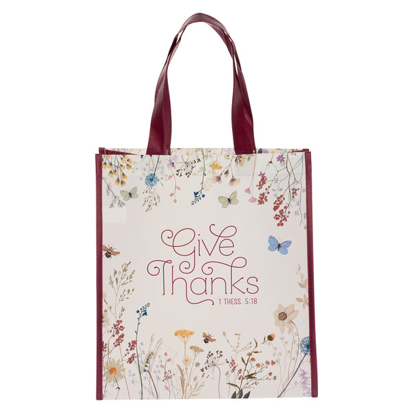 Give Thanks Topsy-Turvy Wildflower Non-Woven Coated Tote Bag - 1 Thessalonians 5:18